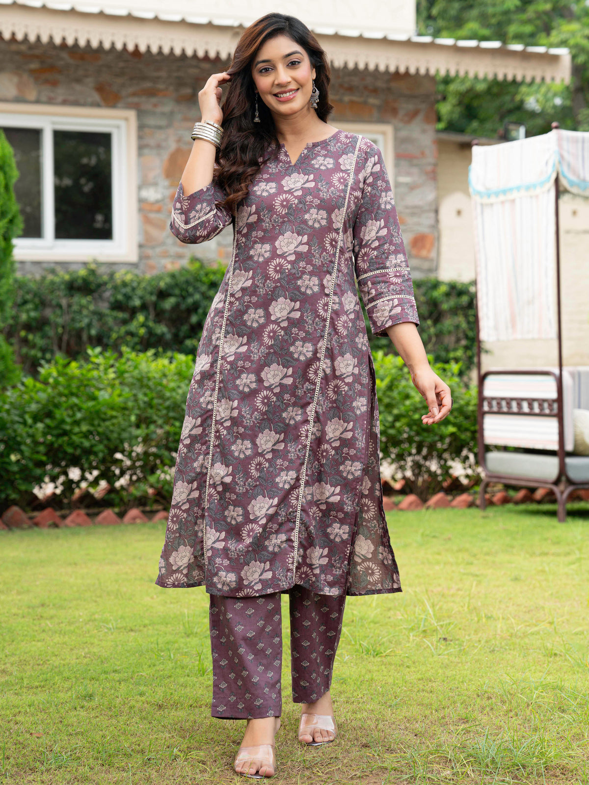 Soft Cotton Floral Straight Mauve Kurta