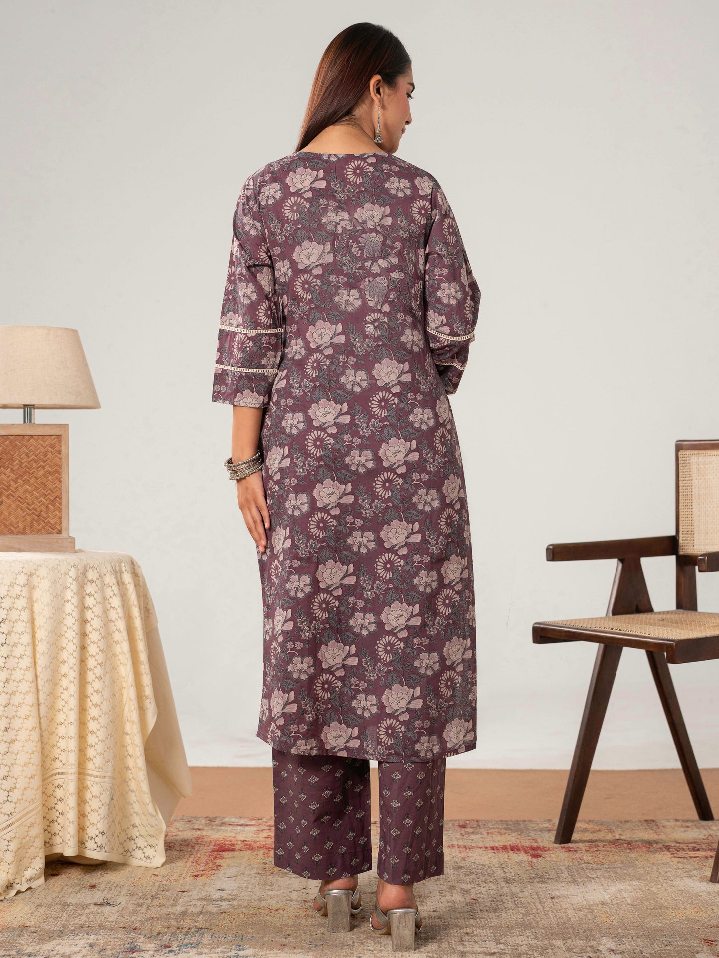Soft Cotton Floral Straight Mauve Kurta