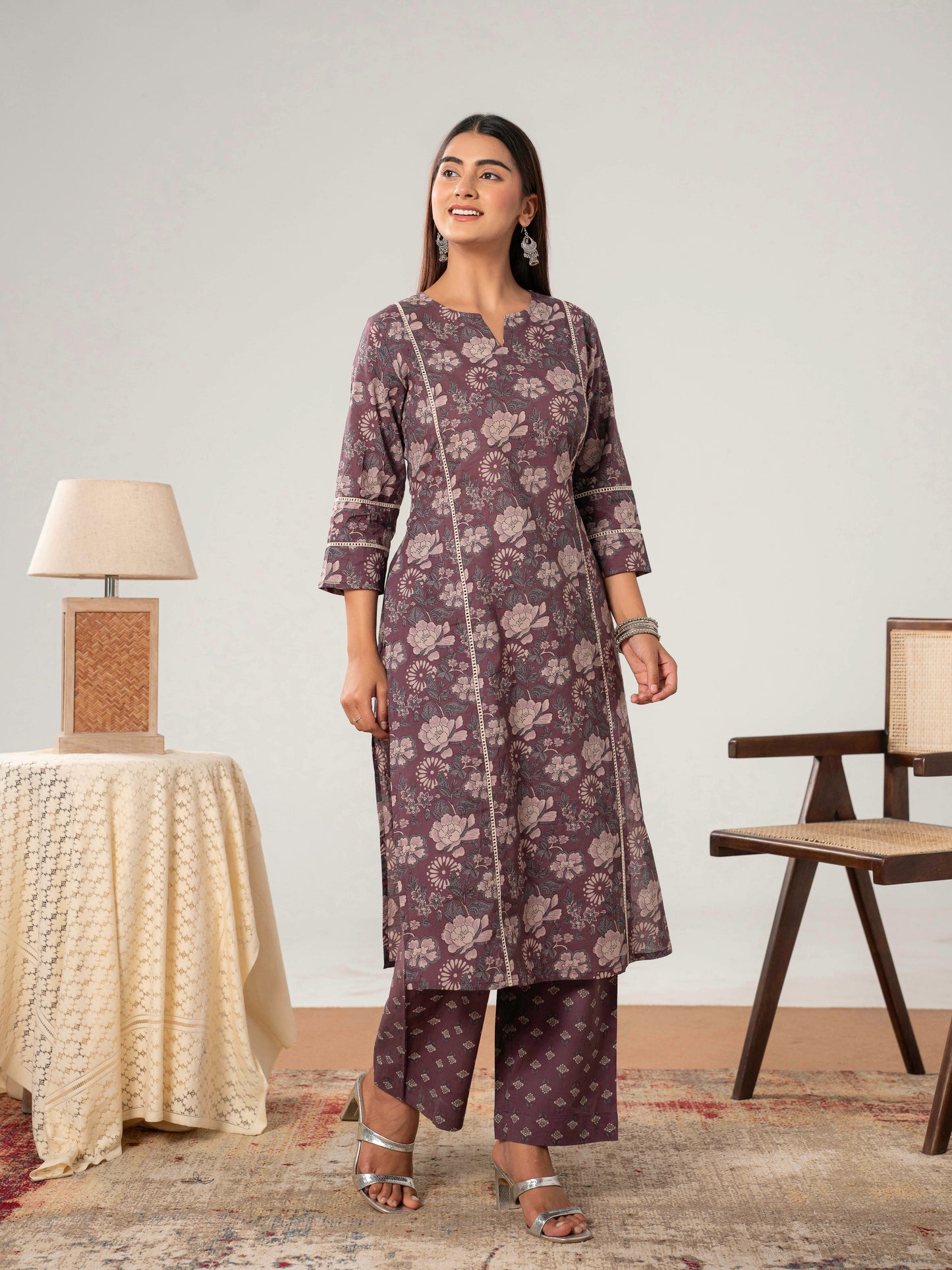 Soft Cotton Floral Straight Mauve Kurta