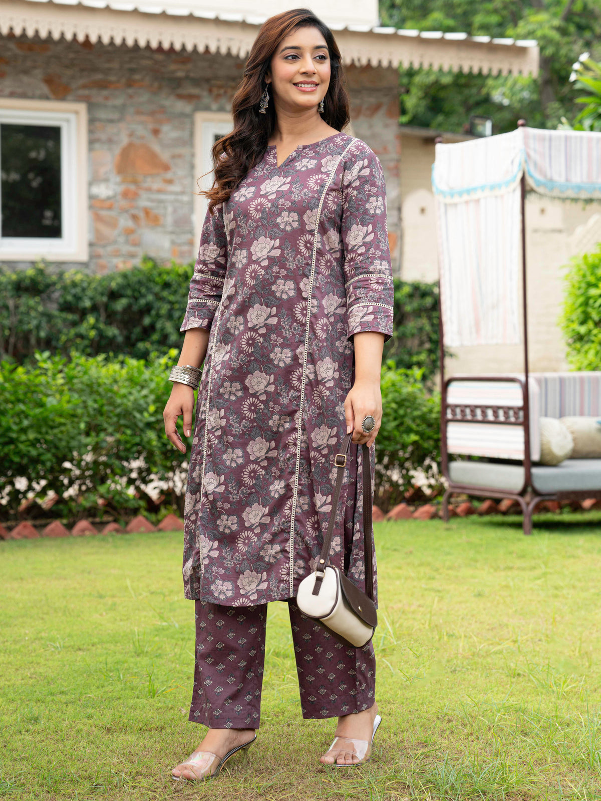 Soft Cotton Floral Straight Mauve Kurta