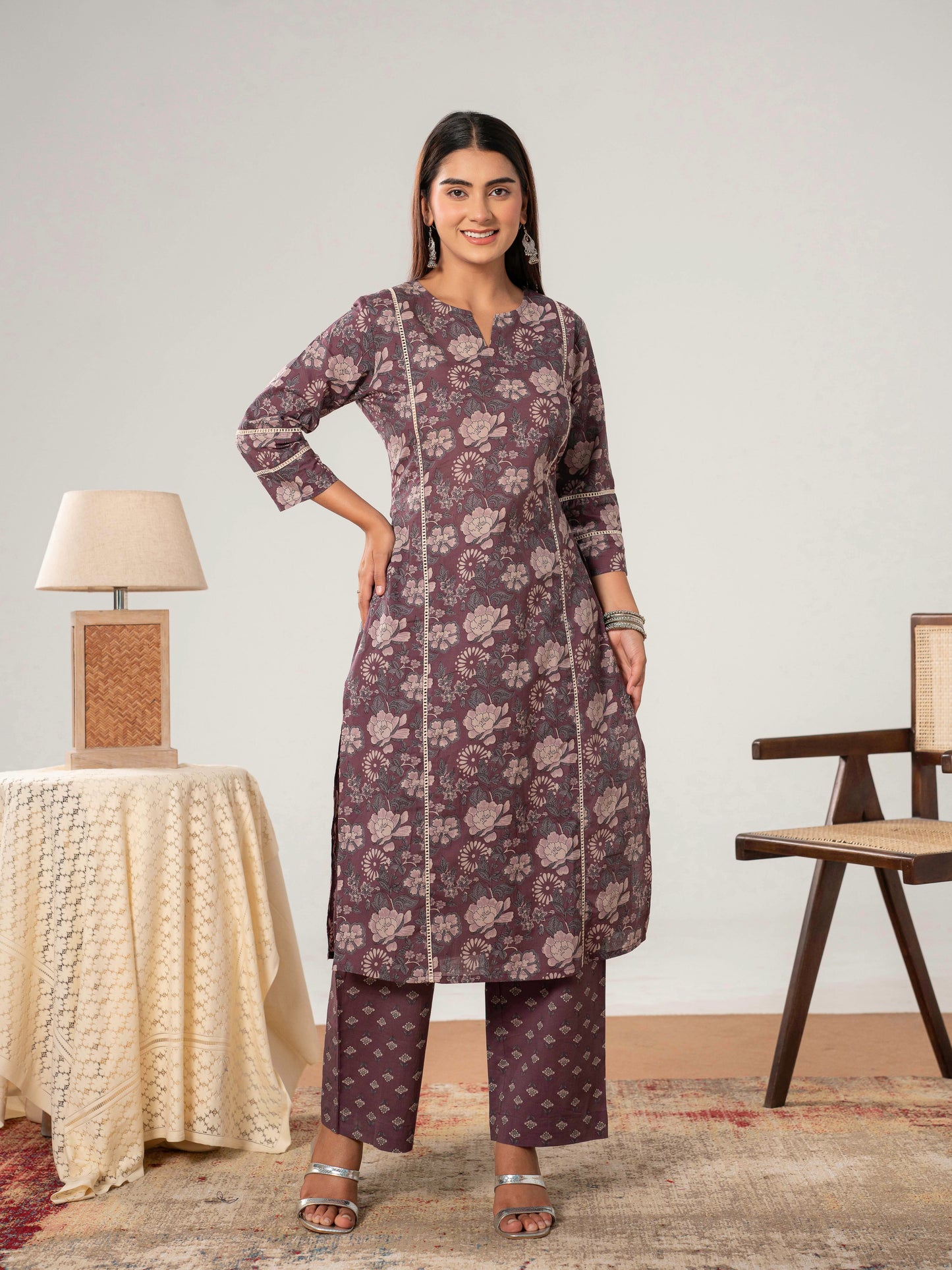 Soft Cotton Floral Straight Mauve Kurta