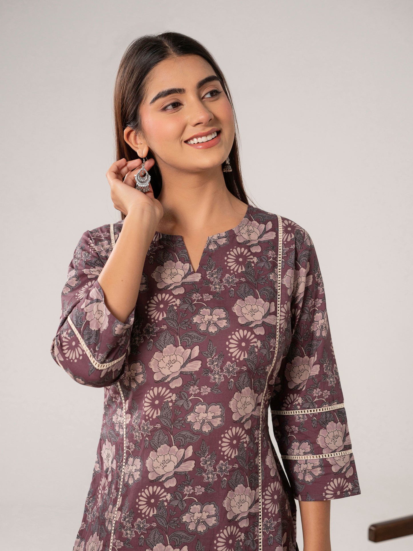 Soft Cotton Floral Straight Mauve Kurta