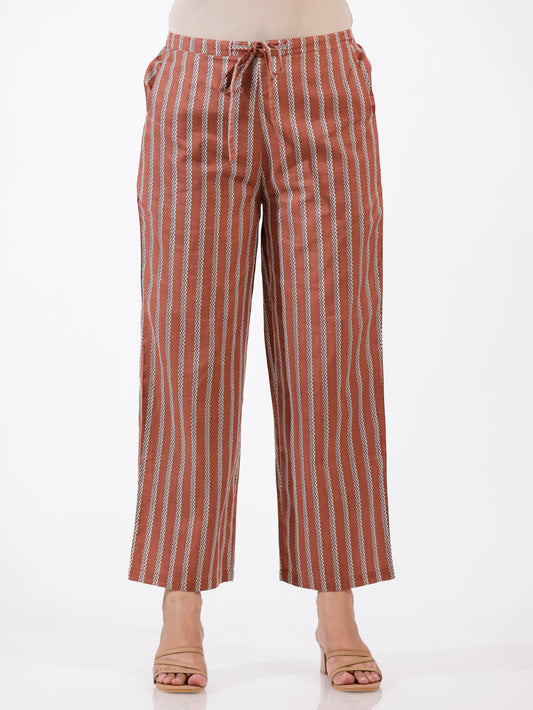 Soft Cotton Striped Brown Straight Trousers