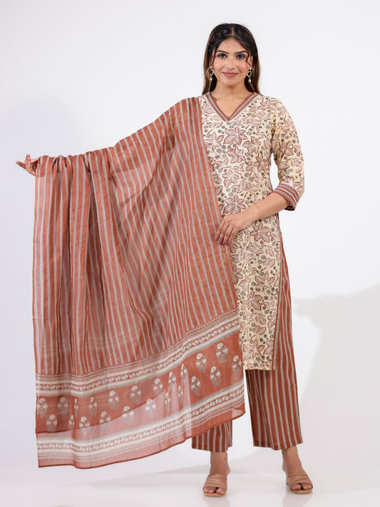 Soft Cotton Floral Straight Beige Kurta