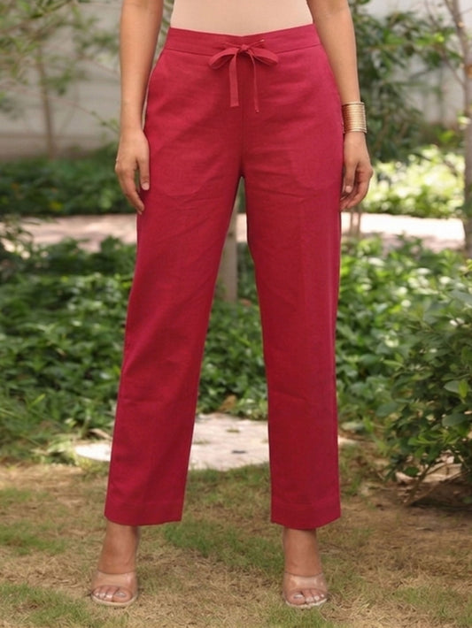 Slub cotton Solid Dark Pink Straight Trousers