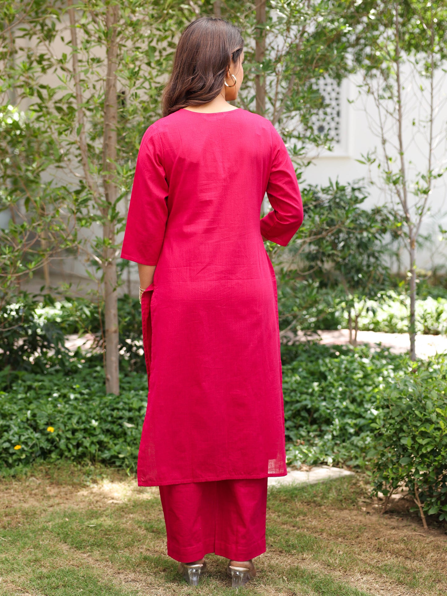 Embroidered Slub cotton Solid Straight Dark Pink Kurta