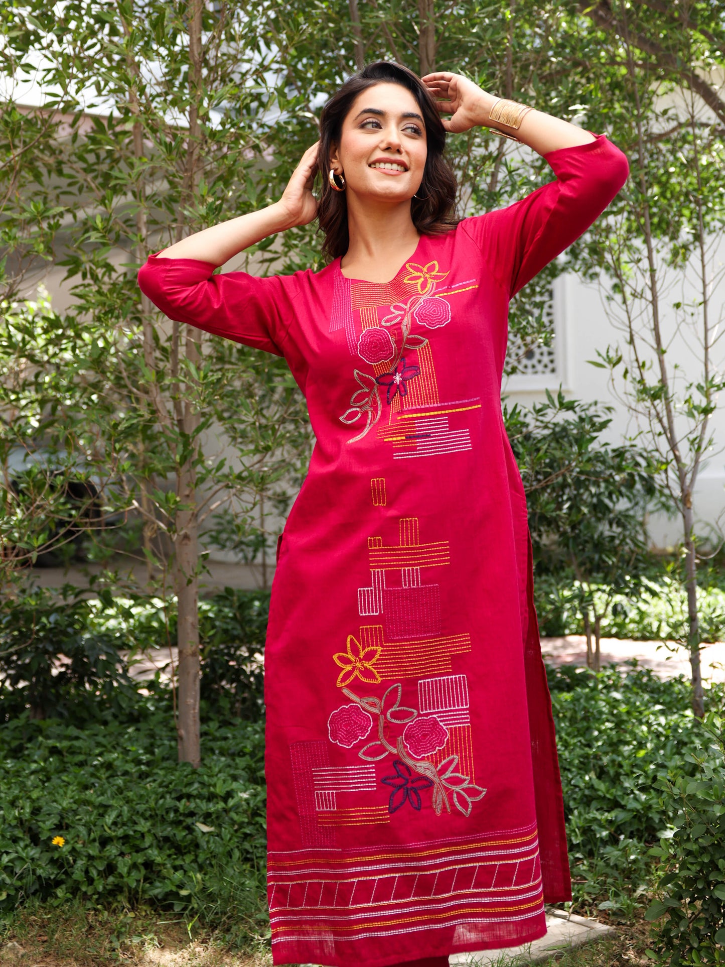 Embroidered Slub cotton Solid Straight Dark Pink Kurta
