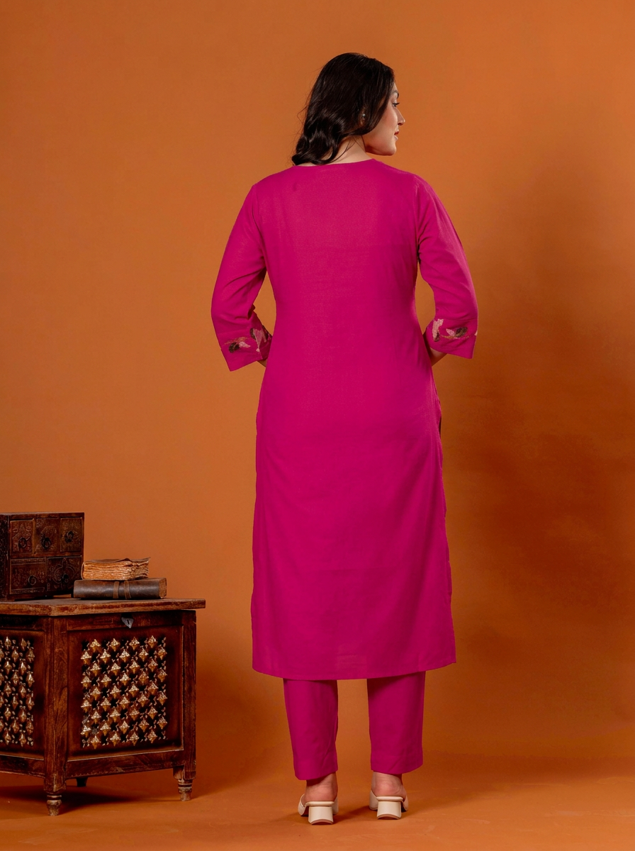 Embroidered Soft Cotton Solid Straight Pink Kurta