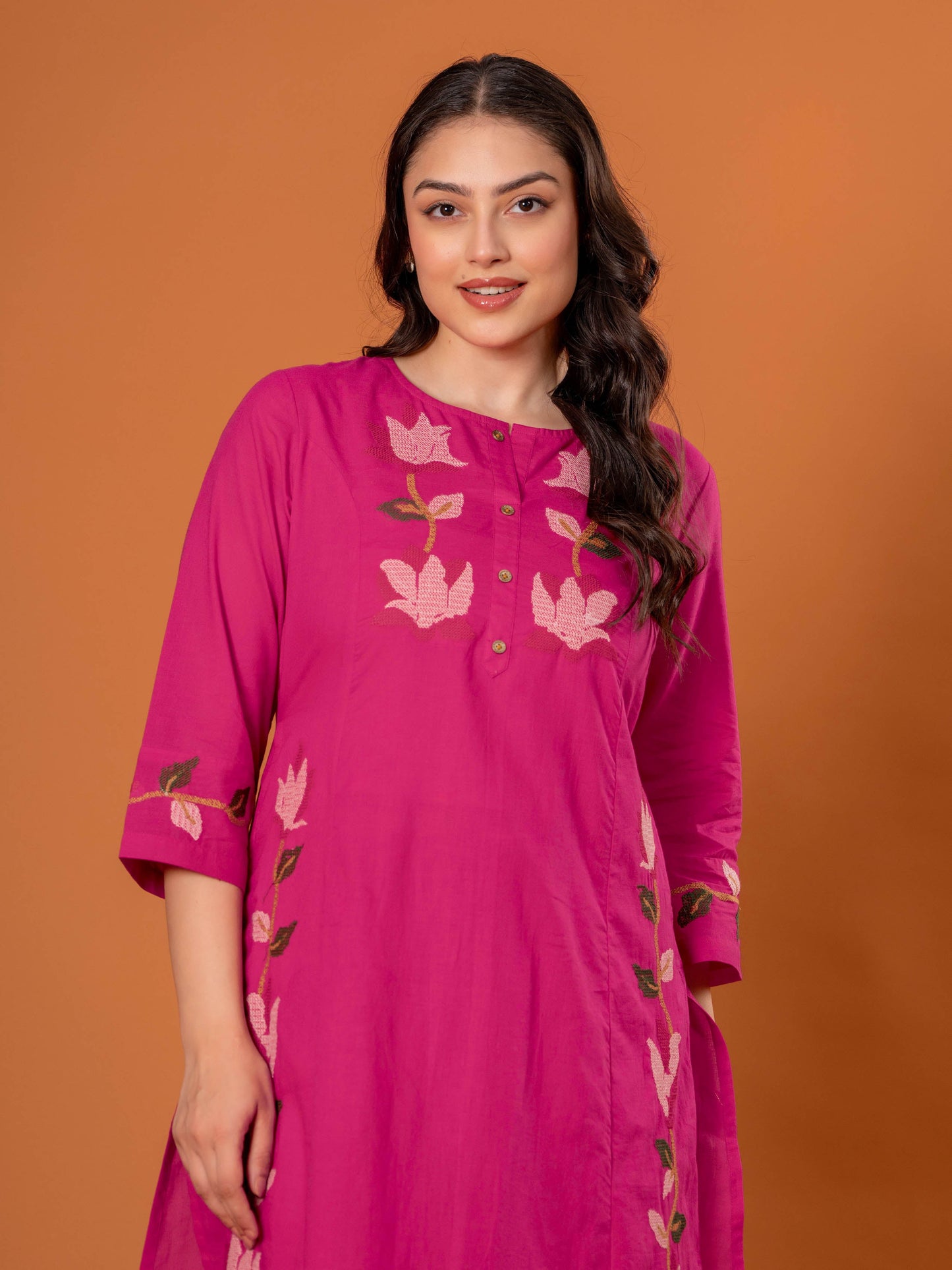 Embroidered Soft Cotton Solid Straight Pink Kurta