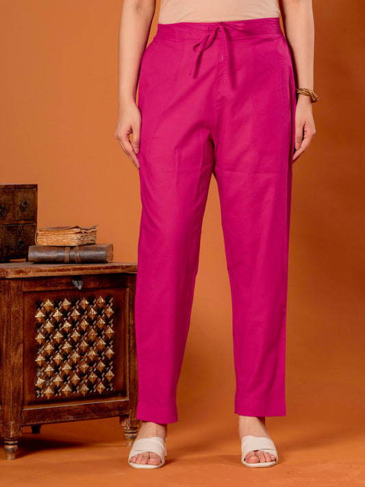 Soft Cotton Solid Pink Tapered Trousers