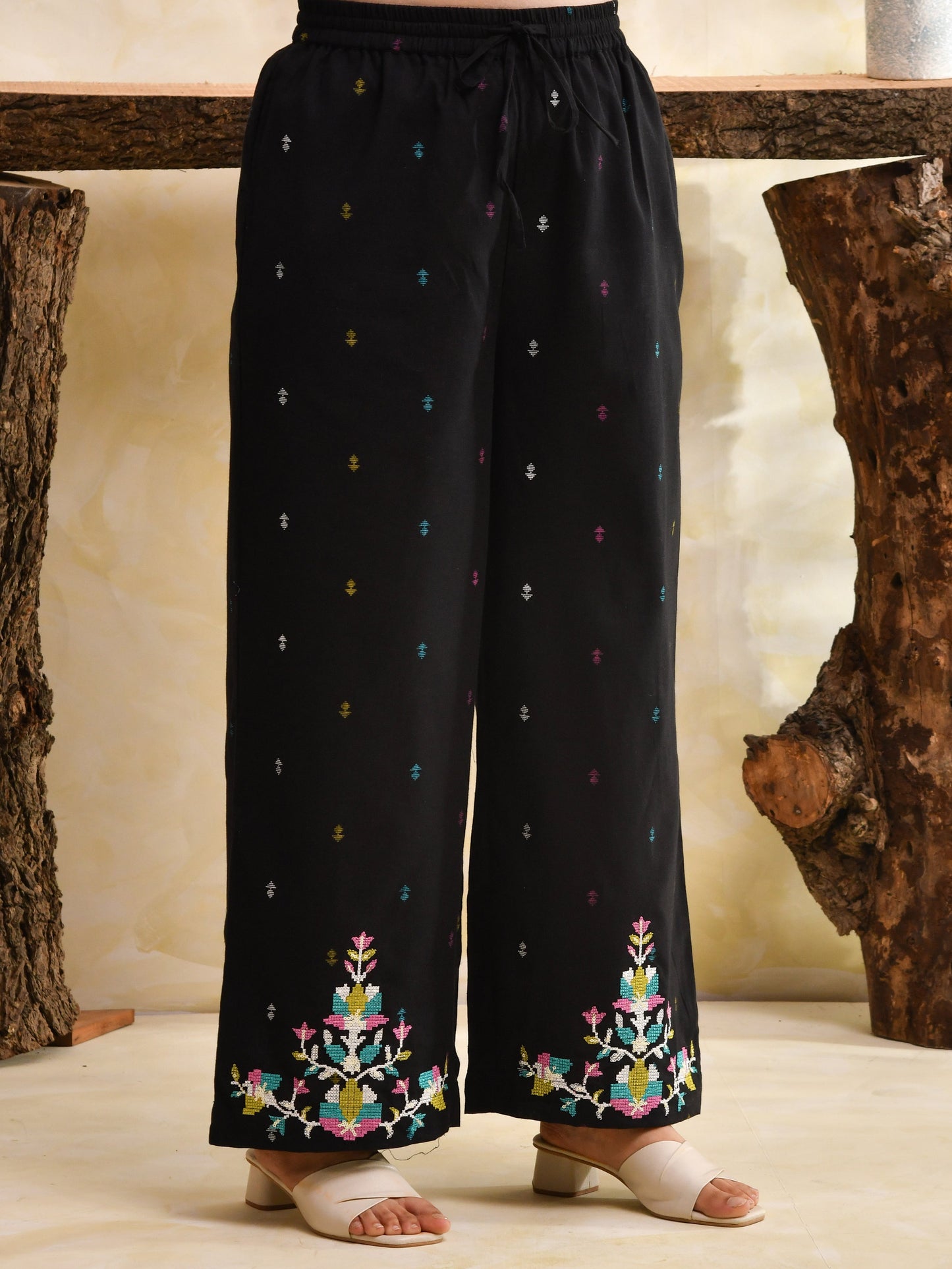 Embroidered Linen cotton Solid Black Palazzo