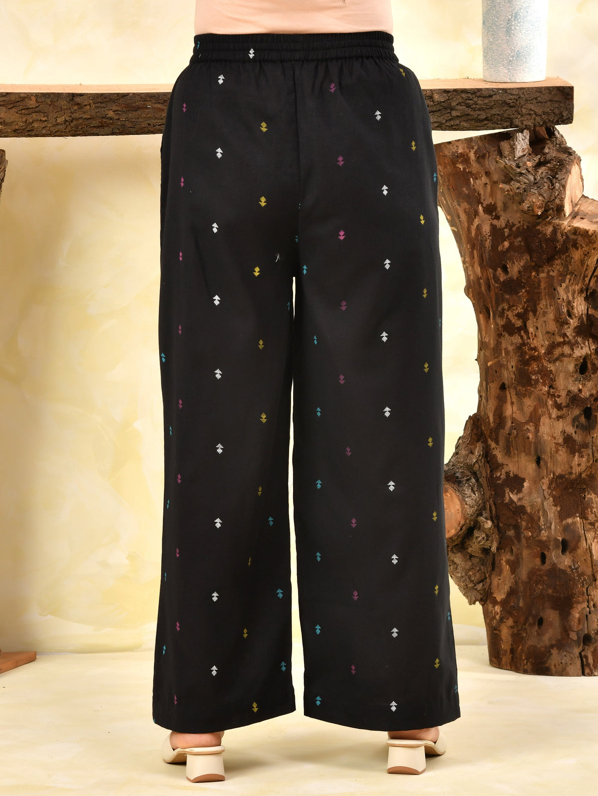 Embroidered Linen cotton Solid Black Palazzo