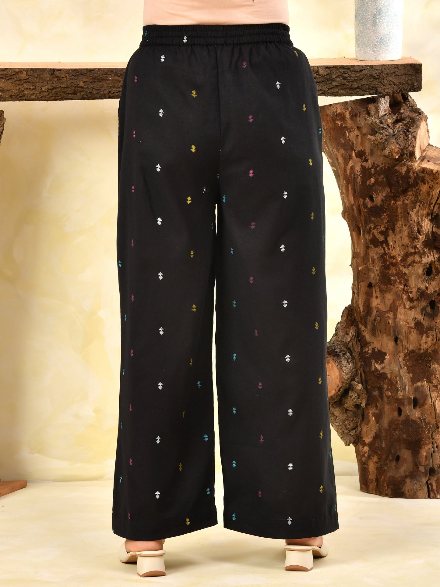 Embroidered Linen cotton Solid Black Palazzo