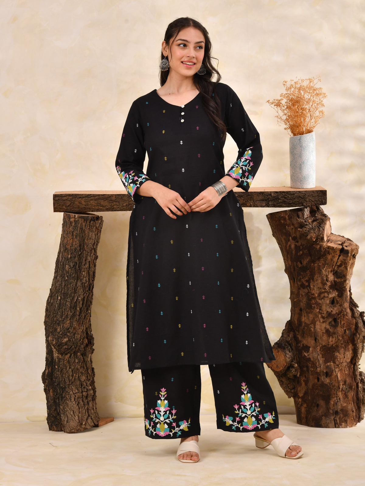 Embroidered Linen cotton Butti A-line Black Kurta