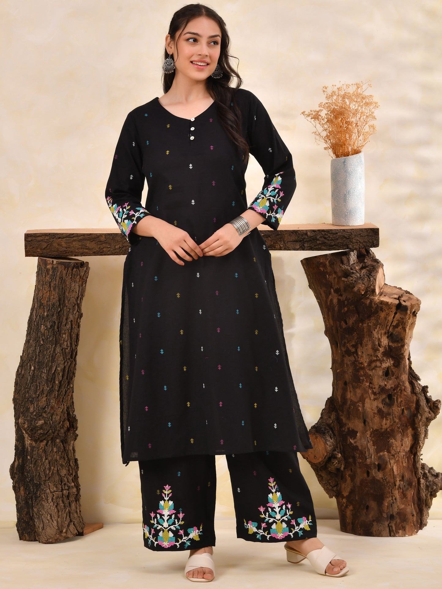 Embroidered Linen cotton Butti A-line Black Kurta