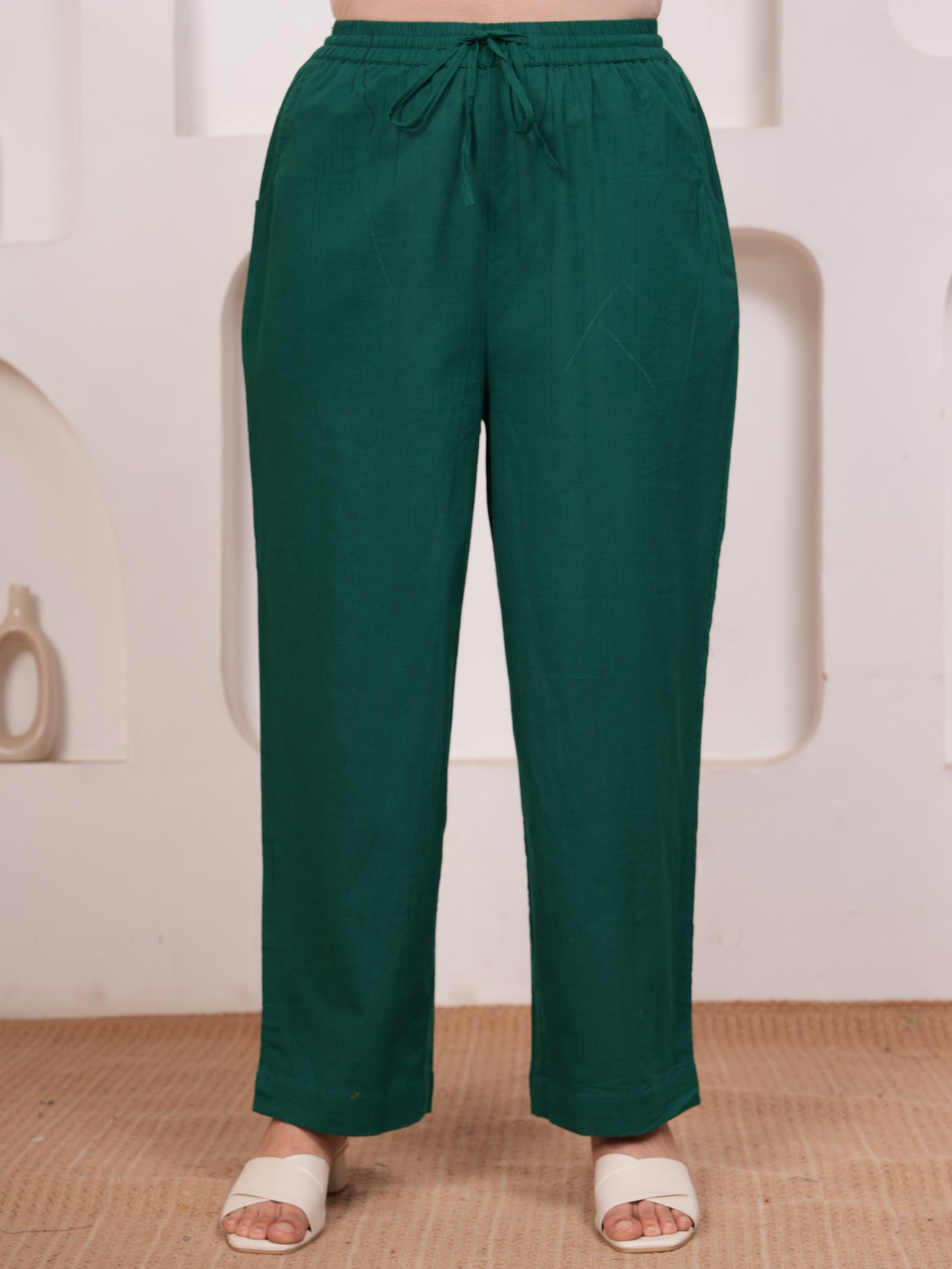 Slub cotton Solid Emerald Green Straight Trousers