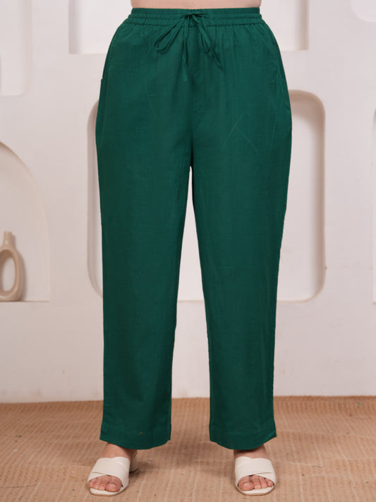 Slub cotton Solid Emerald Green Straight Trousers