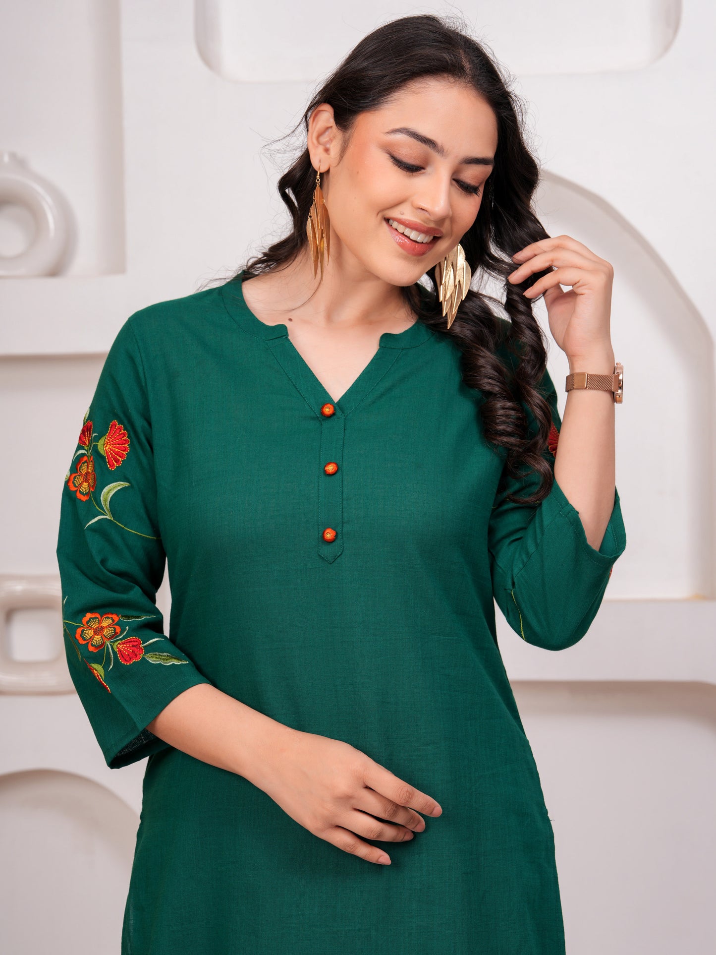 Embroidered Slub cotton Solid Straight Emerald Green Kurta