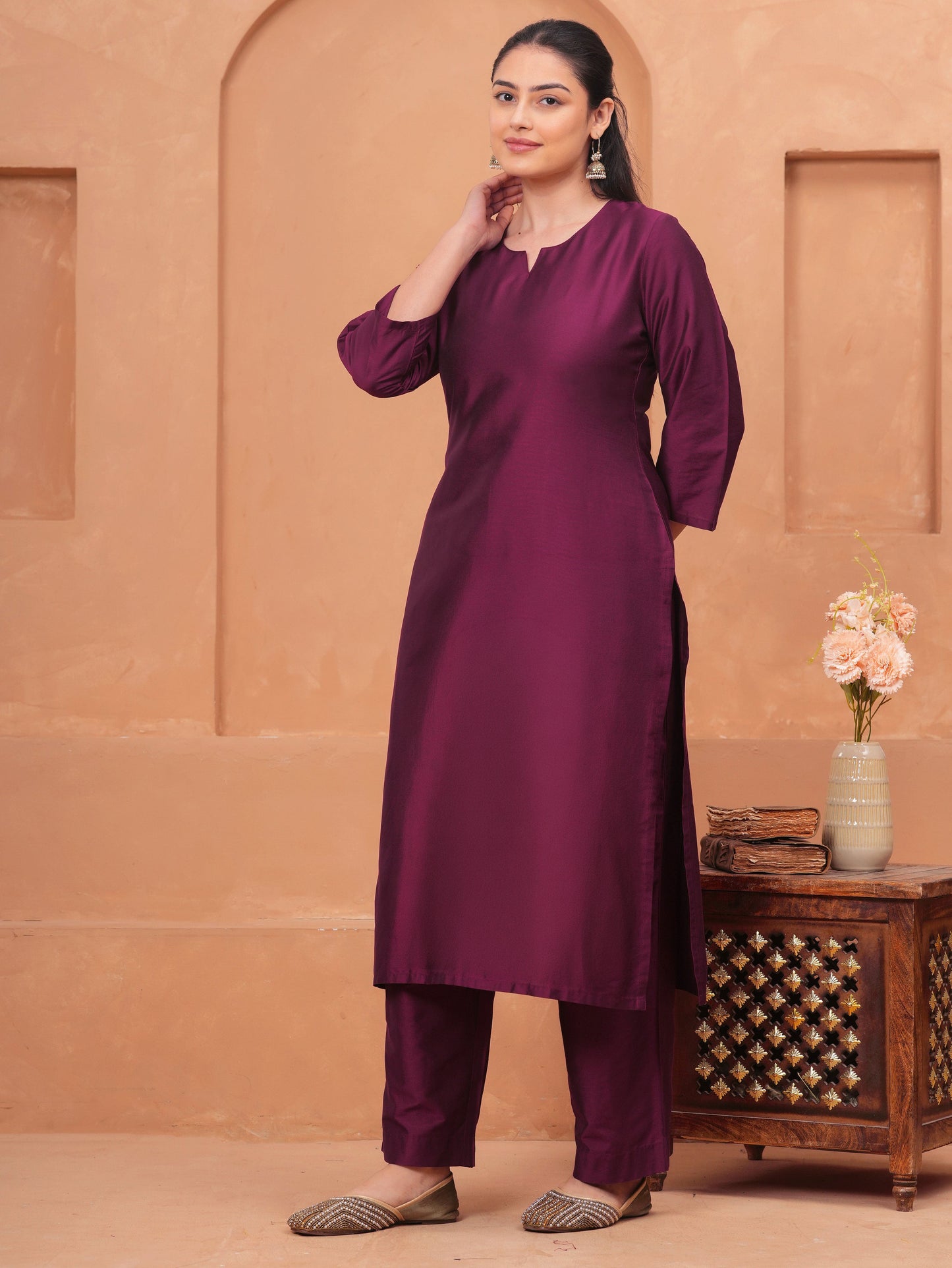 Blended Silk Solid Straight Wine Kurta