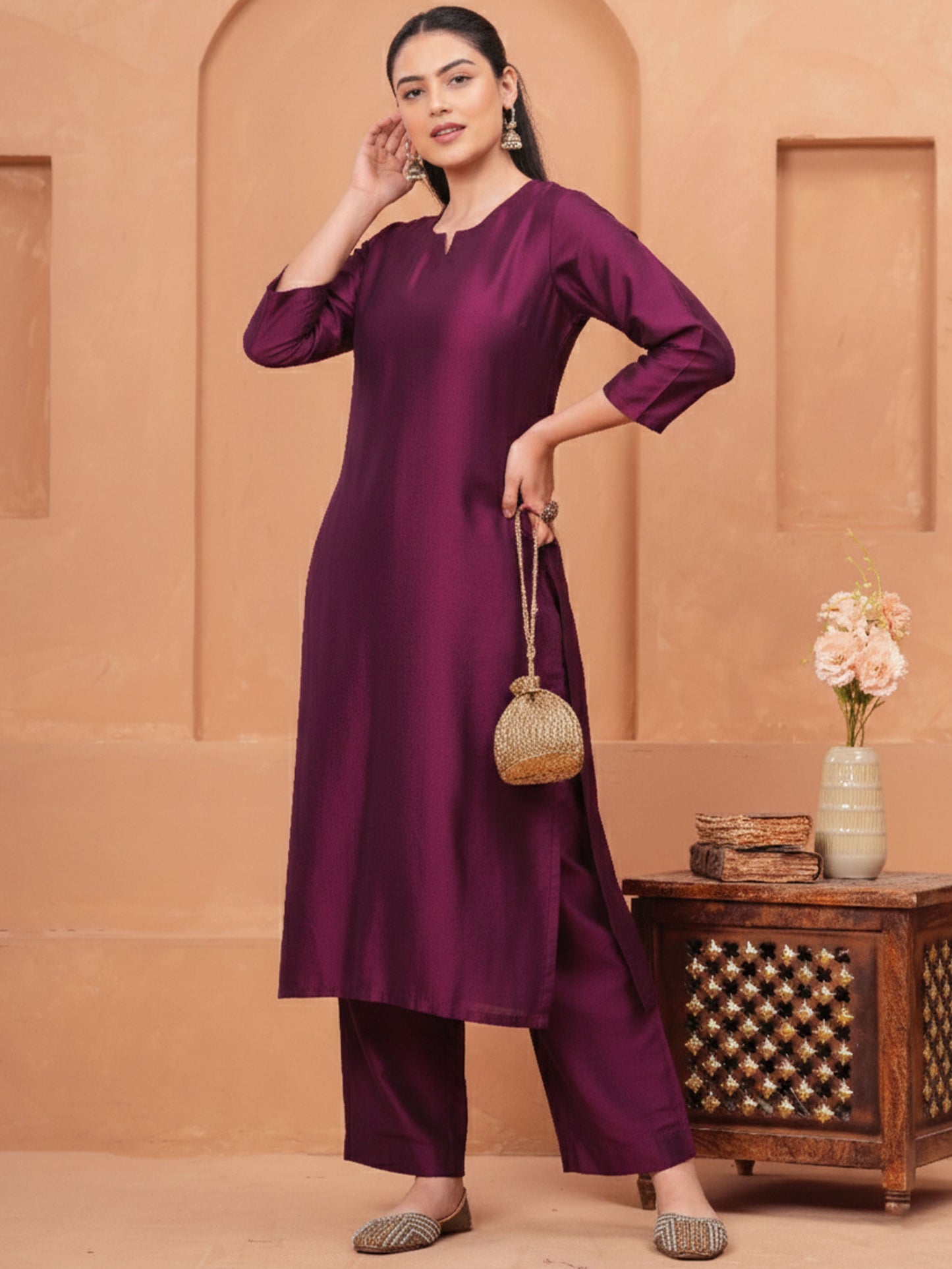 Blended Silk Solid Straight Wine Kurta