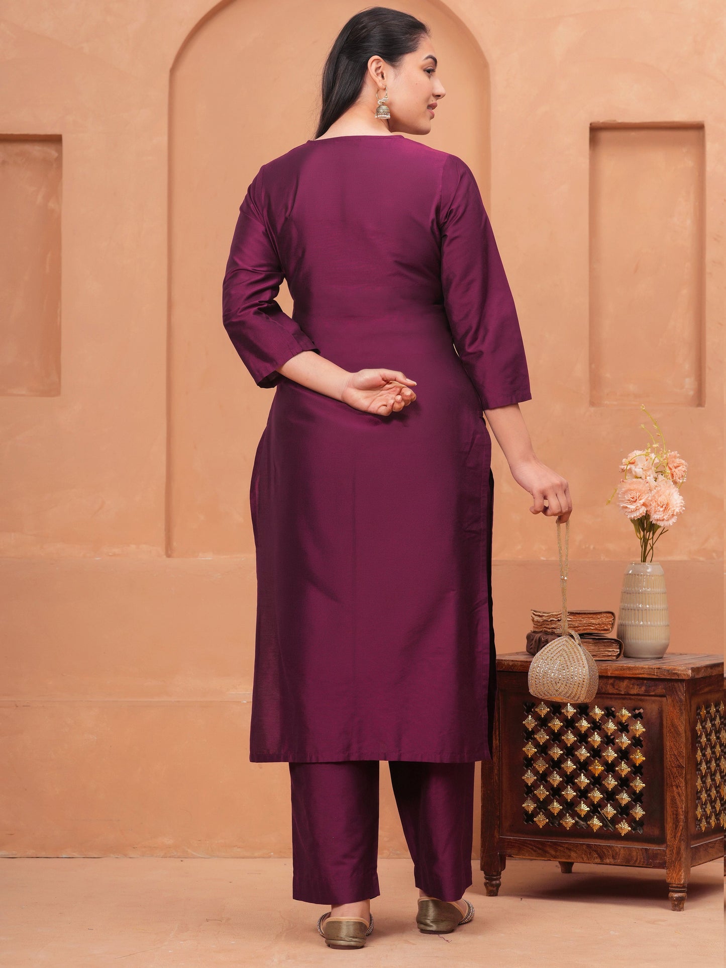 Blended Silk Solid Straight Wine Kurta