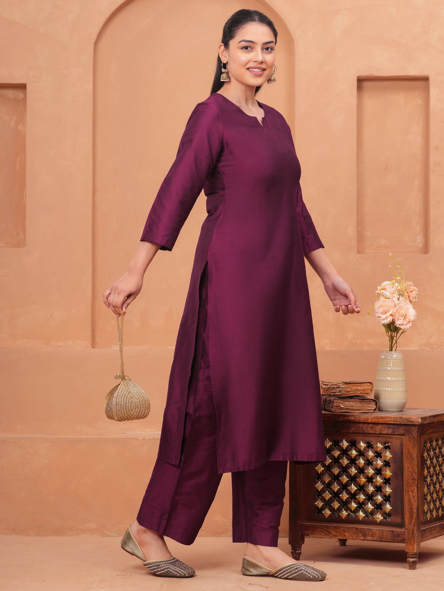 Blended Silk Solid Straight Wine Kurta