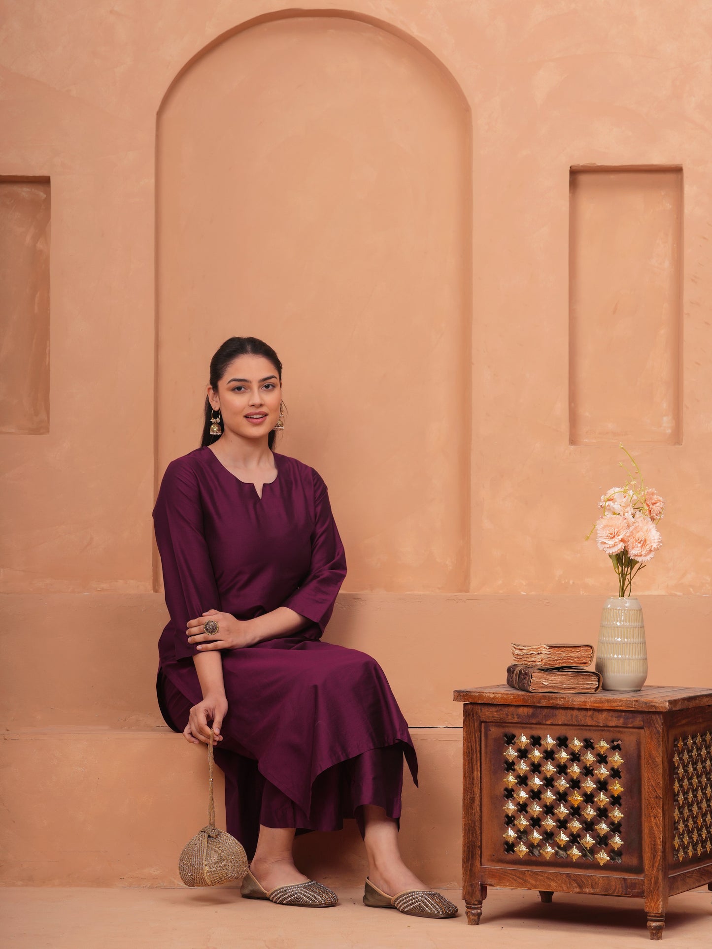 Blended Silk Solid Straight Wine Kurta