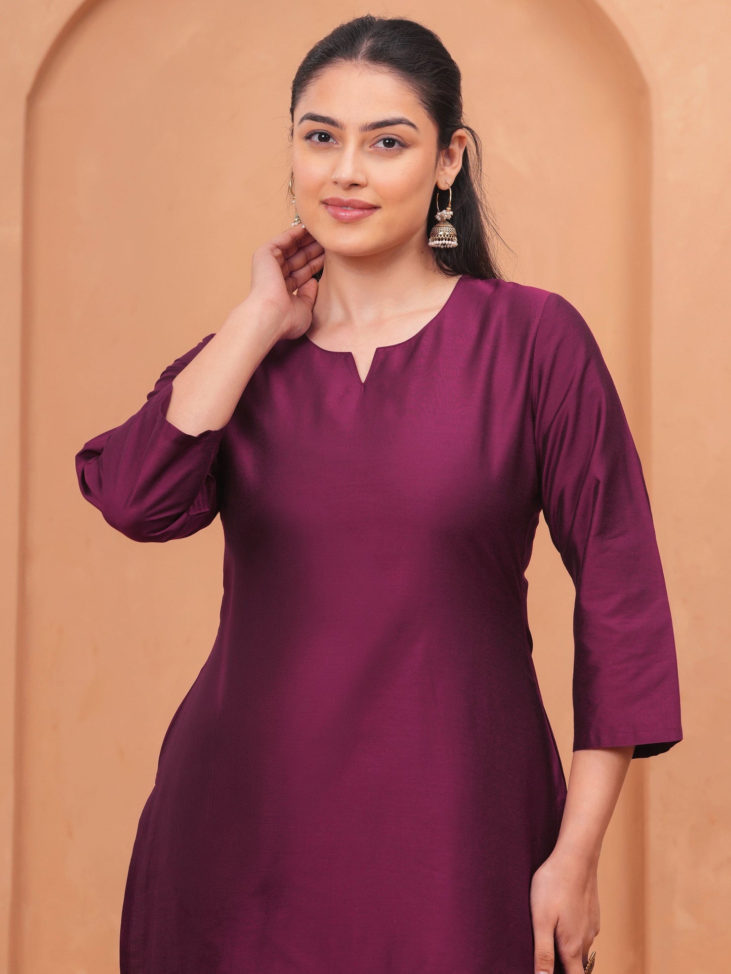 Blended Silk Solid Straight Wine Kurta