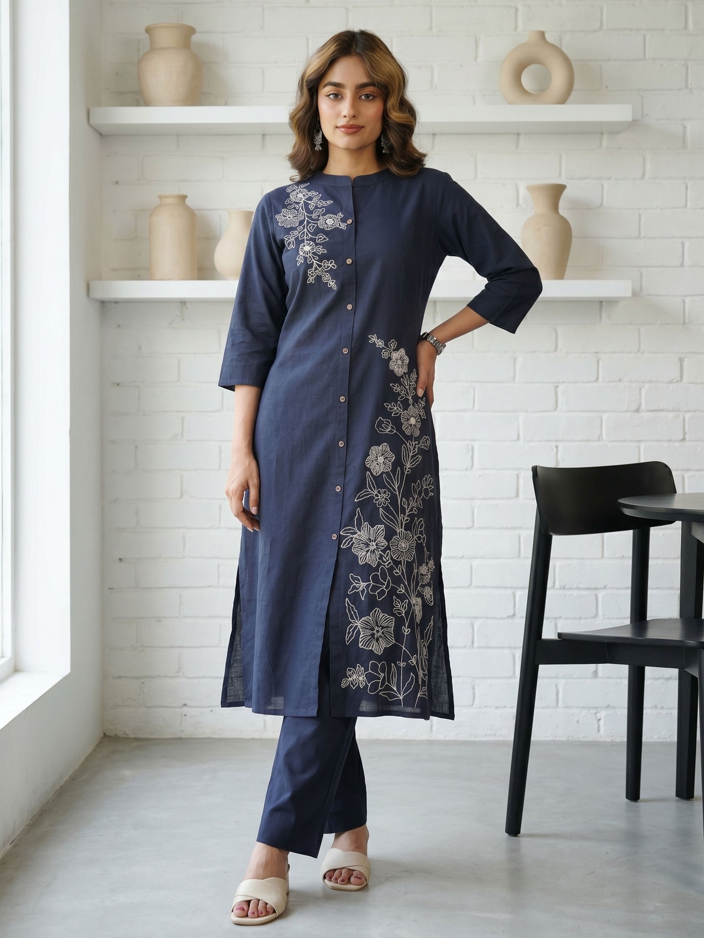 Embroidered Slub cotton Solid Straight Navy Blue Kurta