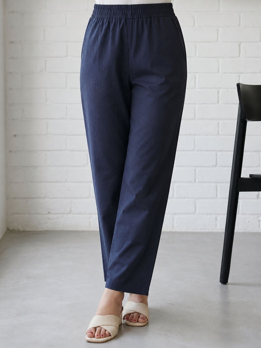 Slub cotton Solid Navy Blue Straight Trousers