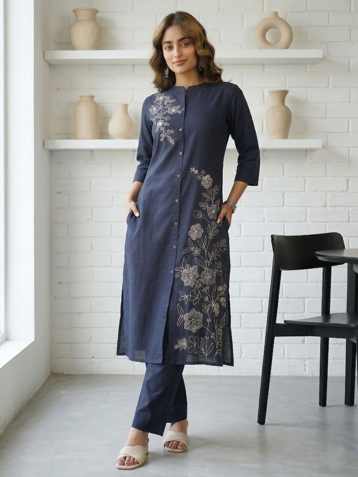 Embroidered Slub cotton Solid Straight Navy Blue Kurta