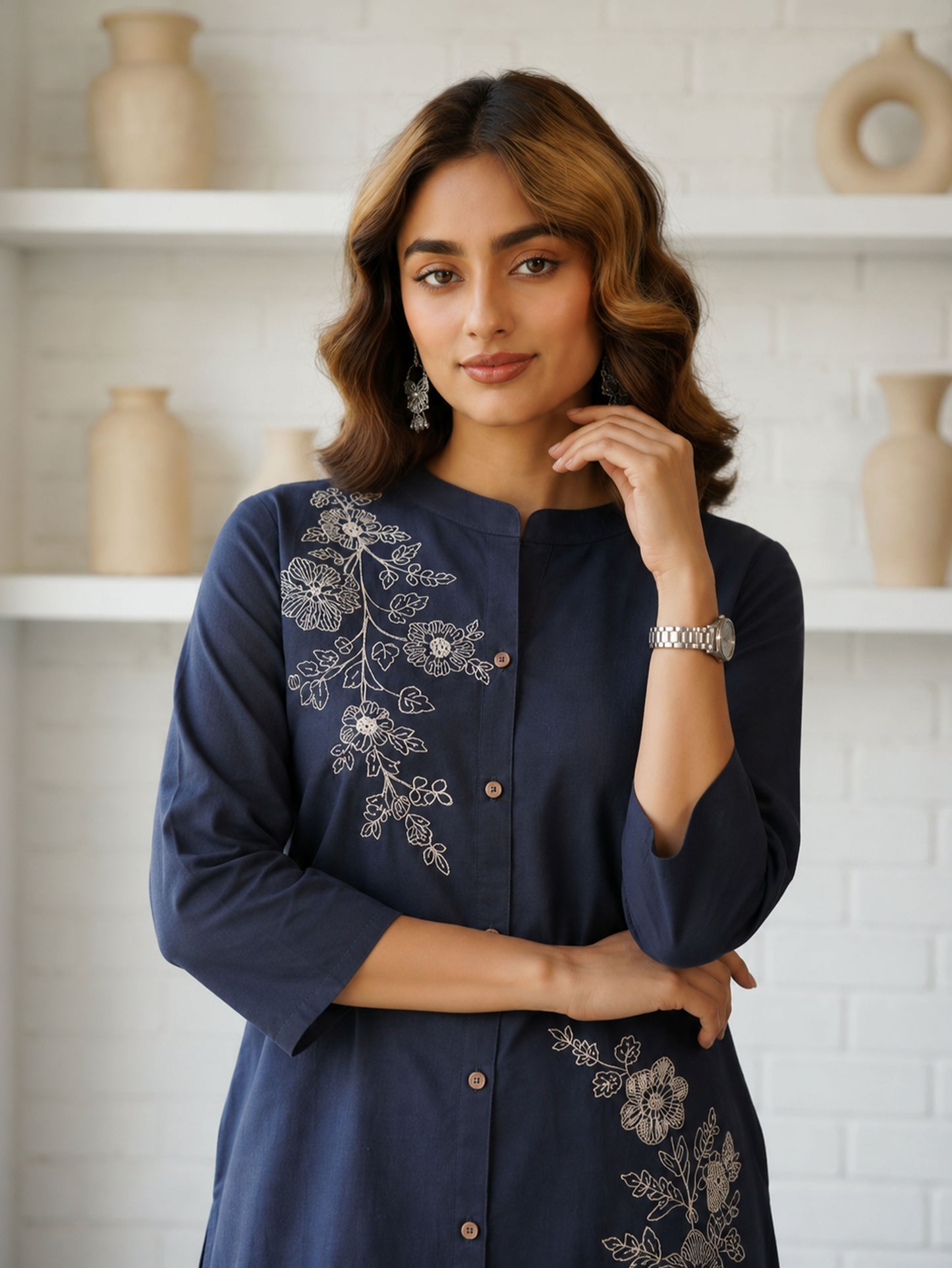 Embroidered Slub cotton Solid Straight Navy Blue Kurta