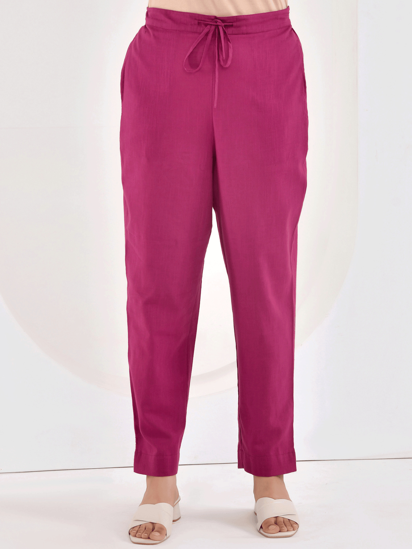 Slub cotton Solid Wine Tapered Trousers