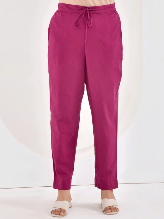 Slub cotton Solid Wine Tapered Trousers