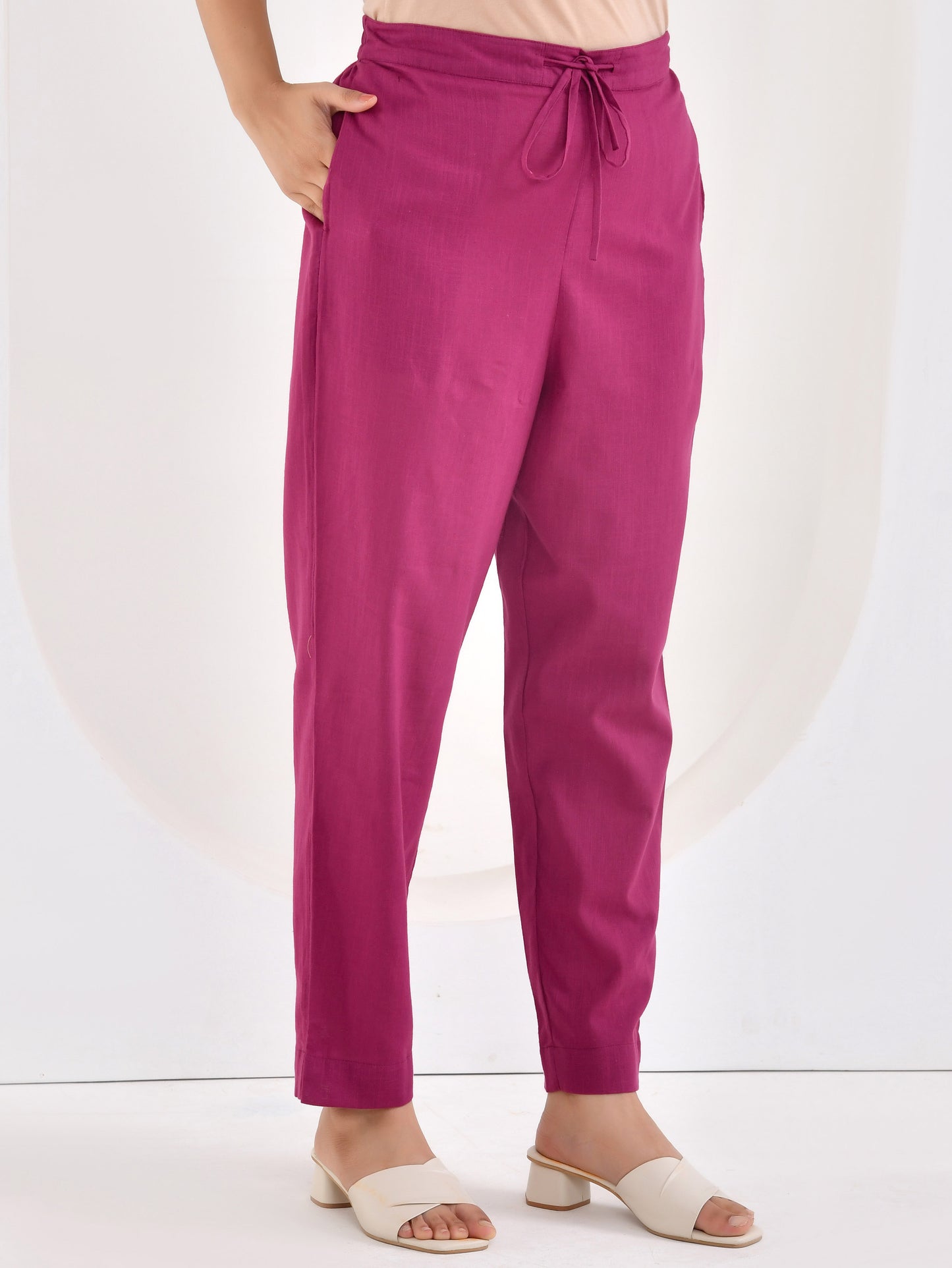 Slub cotton Solid Wine Tapered Trousers