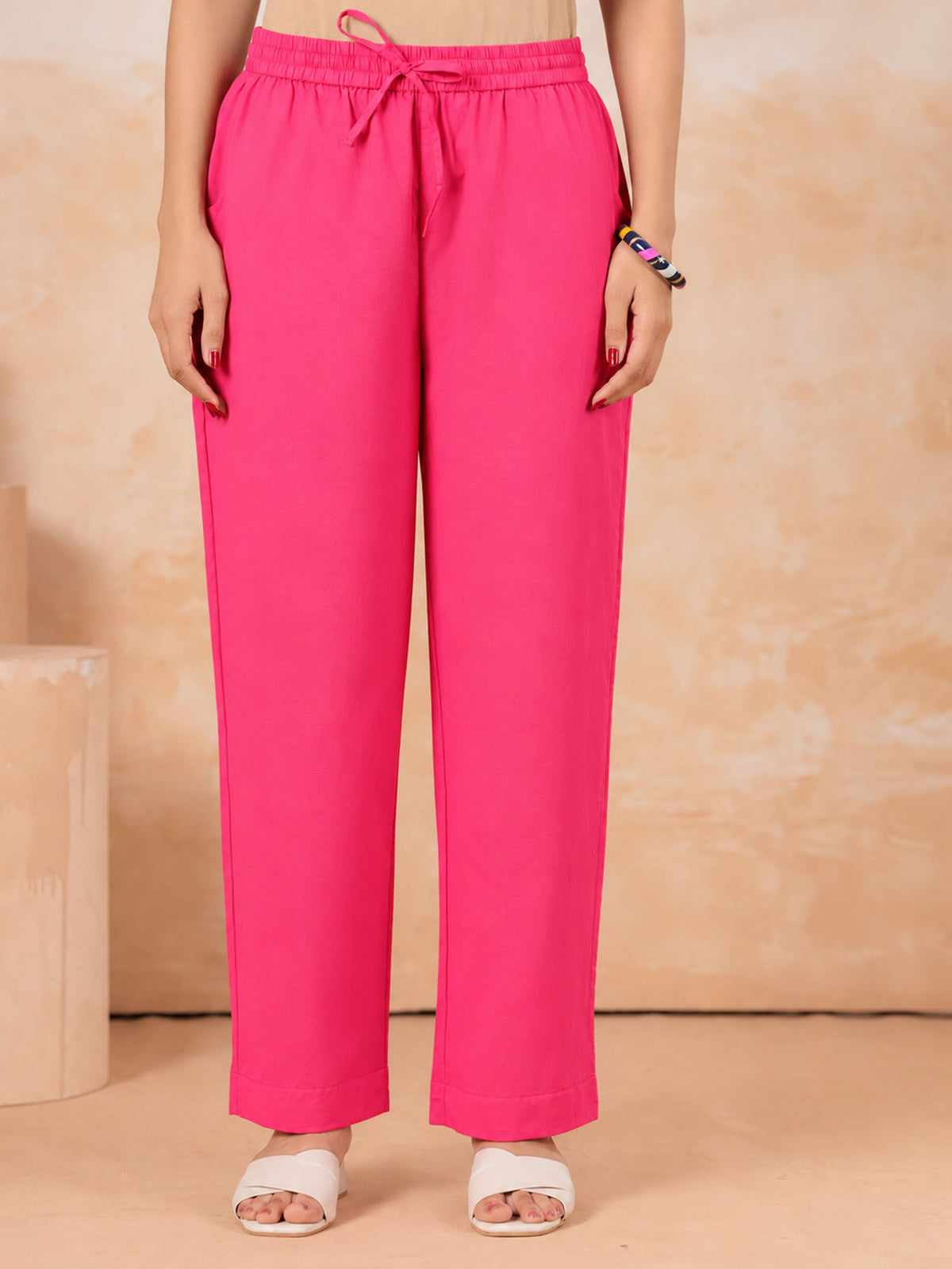 Soft Cotton Solid Pink Straight Trousers