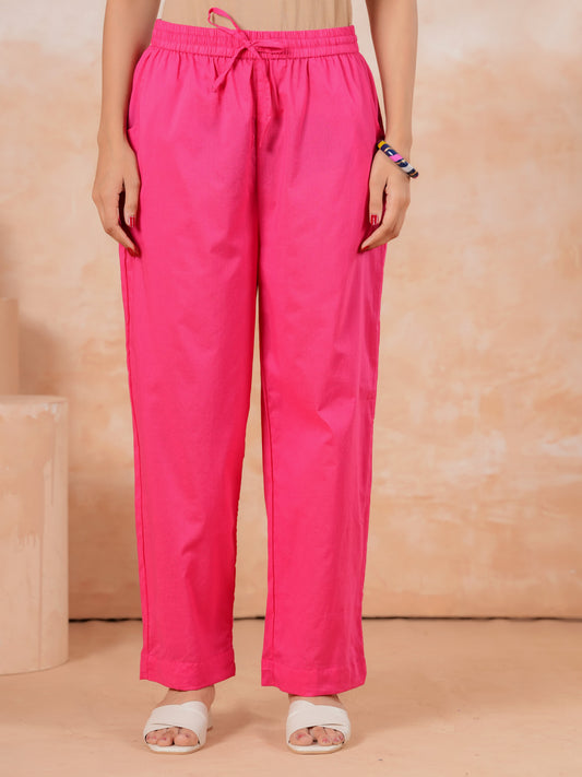 Soft Cotton Solid Pink Straight Trousers