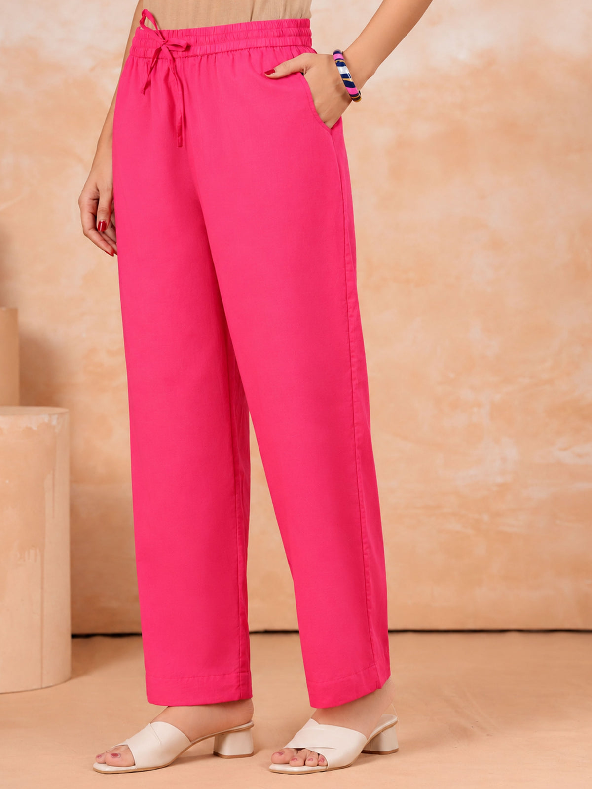 Soft Cotton Solid Pink Straight Trousers