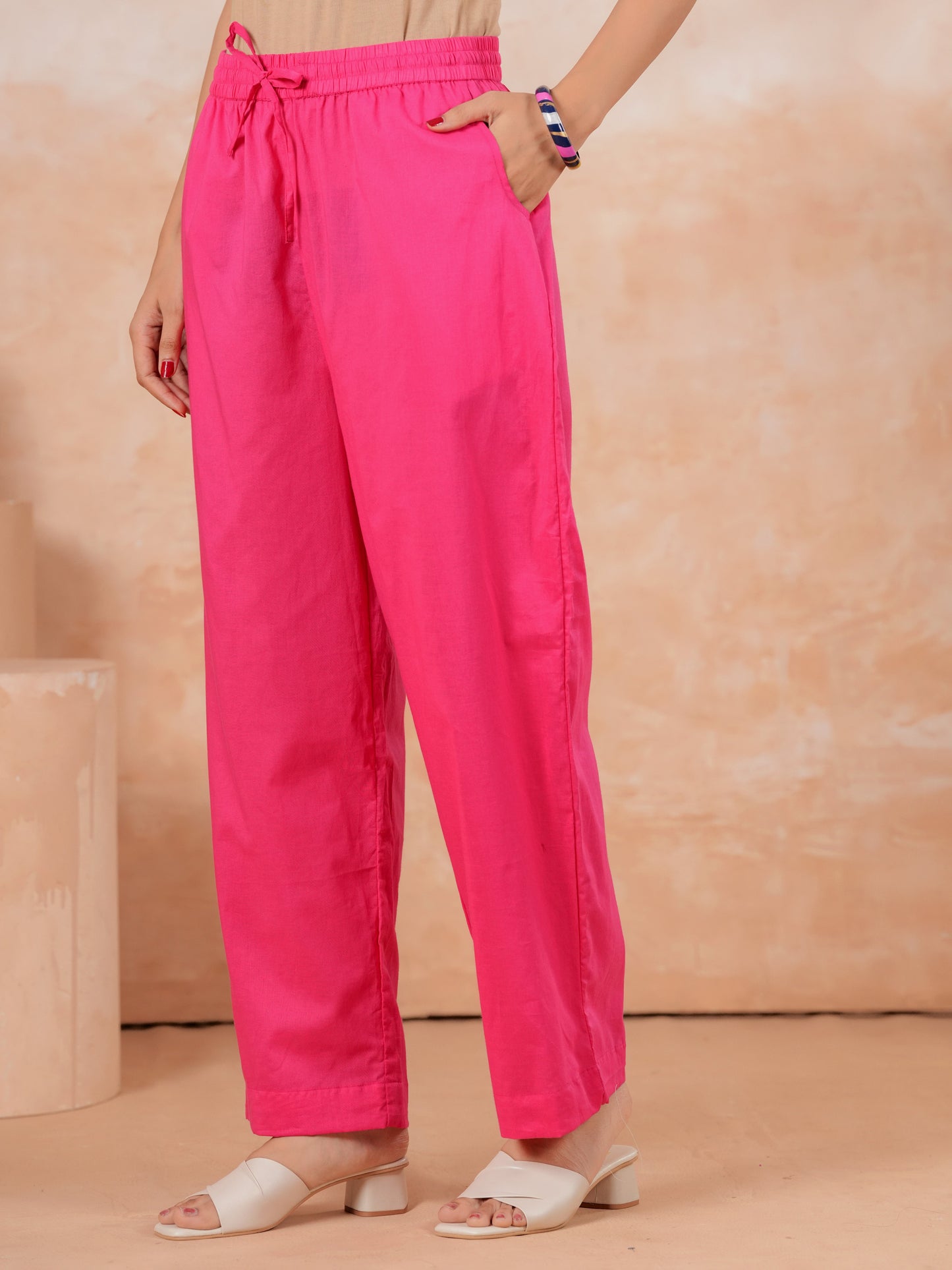 Soft Cotton Solid Pink Straight Trousers