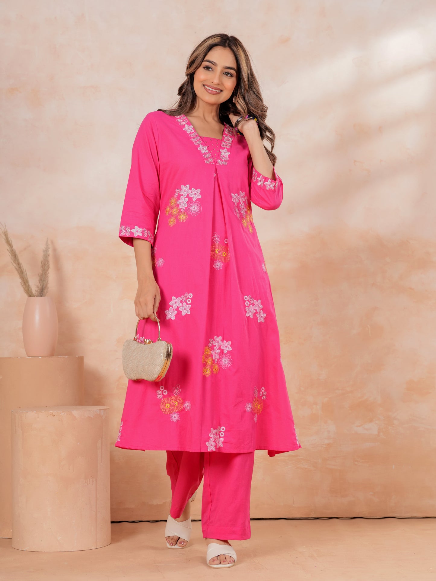 Embroidered Soft Cotton Solid A-line Pink Kurta