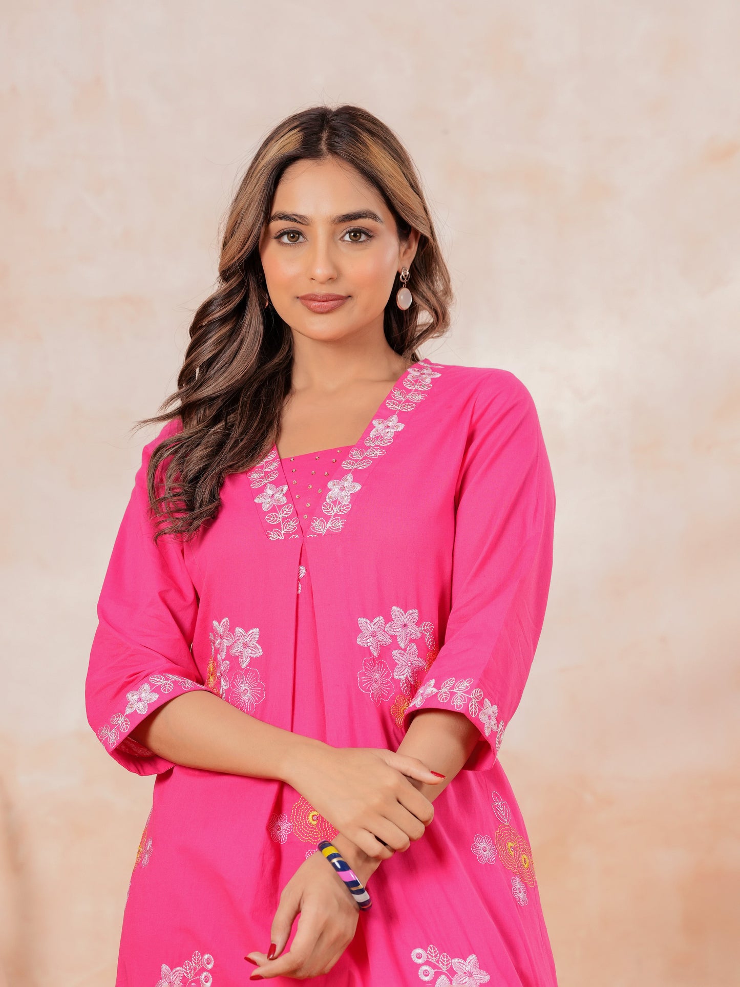 Embroidered Soft Cotton Solid A-line Pink Kurta