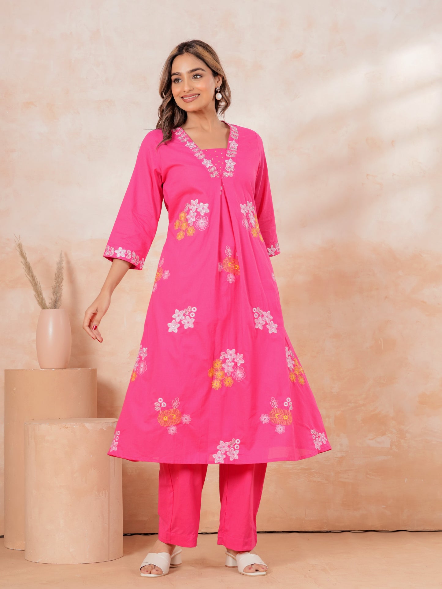 Embroidered Soft Cotton Solid A-line Pink Kurta