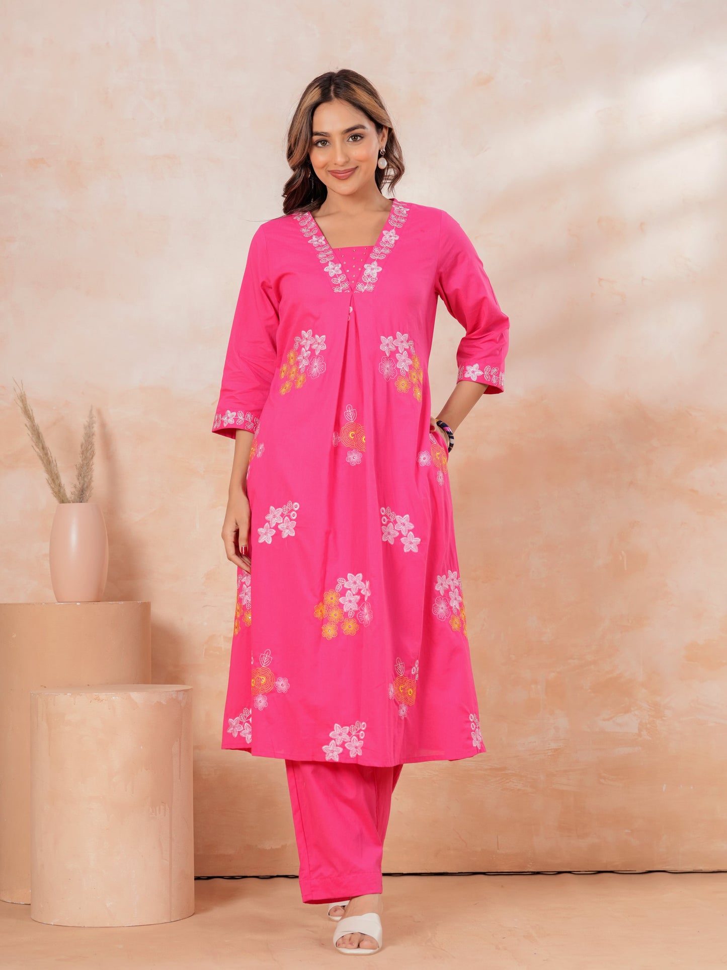 Embroidered Soft Cotton Solid A-line Pink Kurta