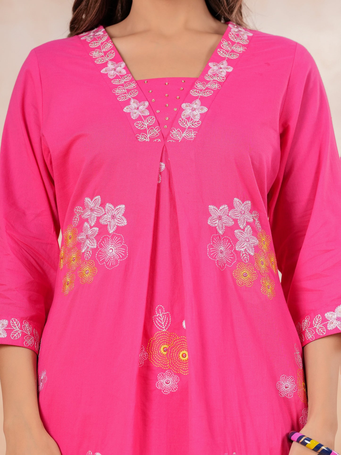 Embroidered Soft Cotton Solid A-line Pink Kurta