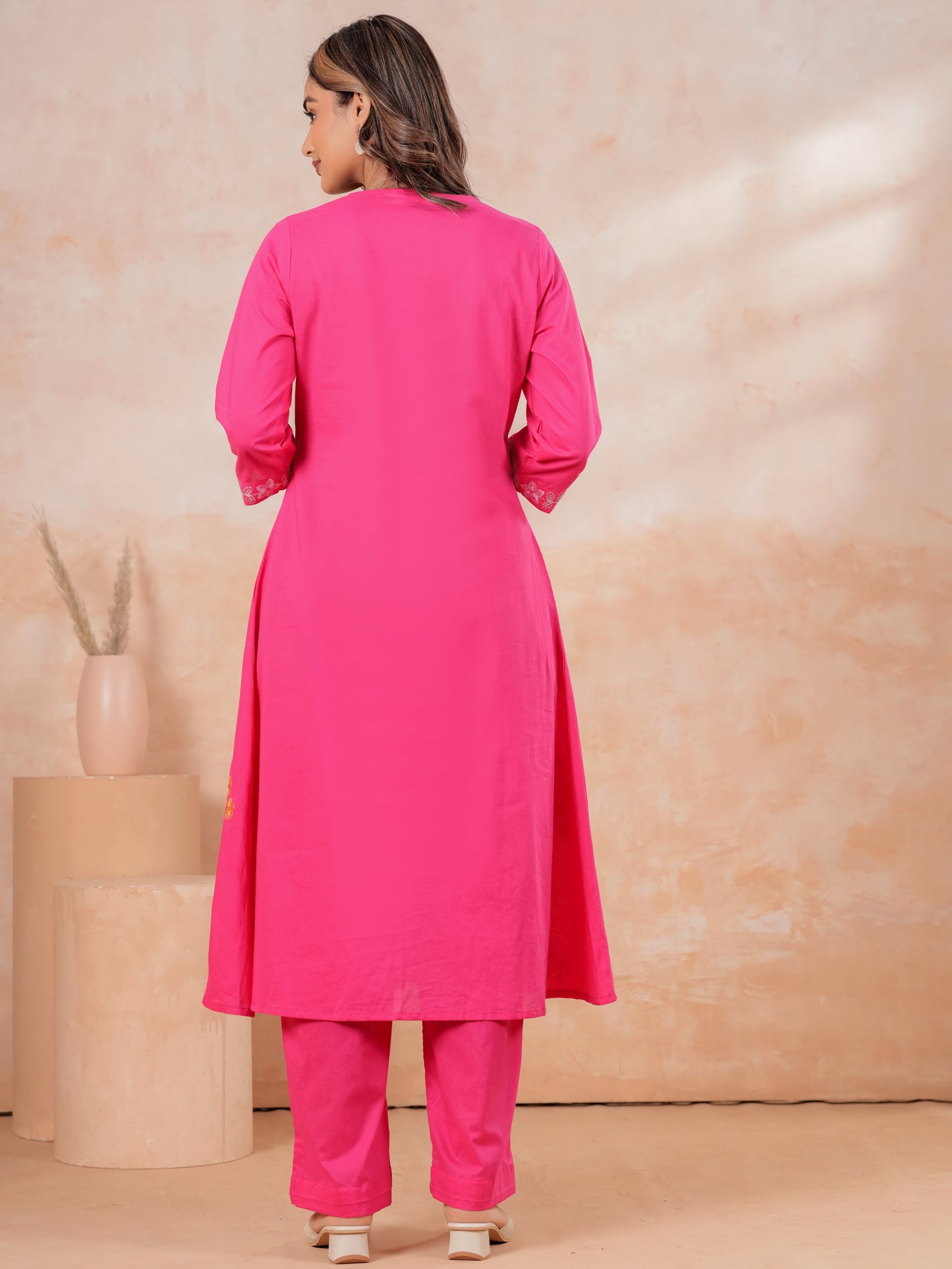 Embroidered Soft Cotton Solid A-line Pink Kurta