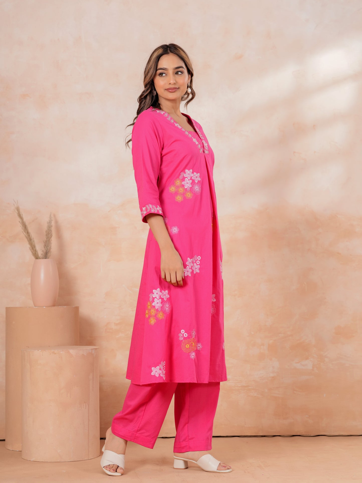 Embroidered Soft Cotton Solid A-line Pink Kurta