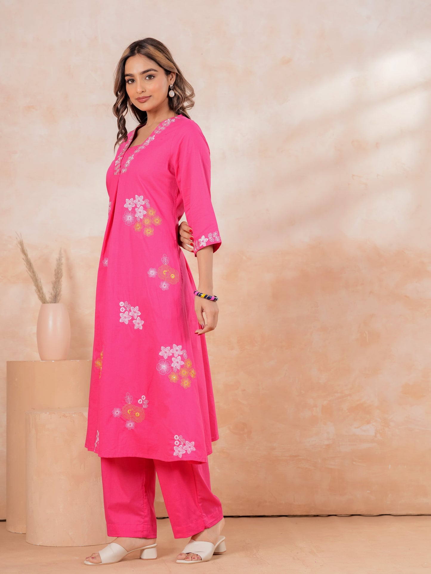 Embroidered Soft Cotton Solid A-line Pink Kurta