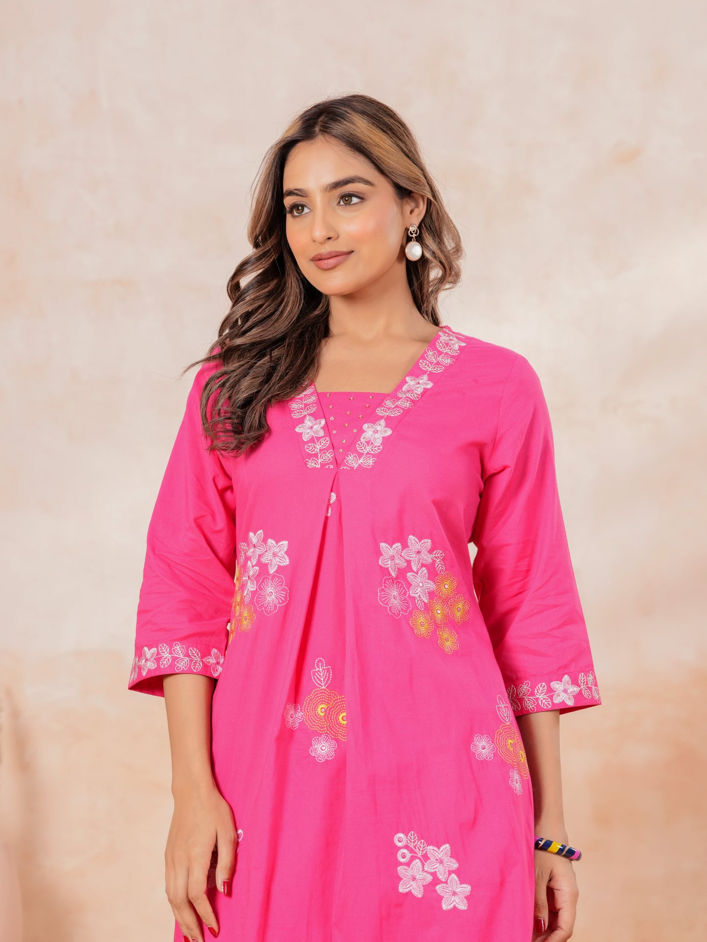 Embroidered Soft Cotton Solid A-line Pink Kurta