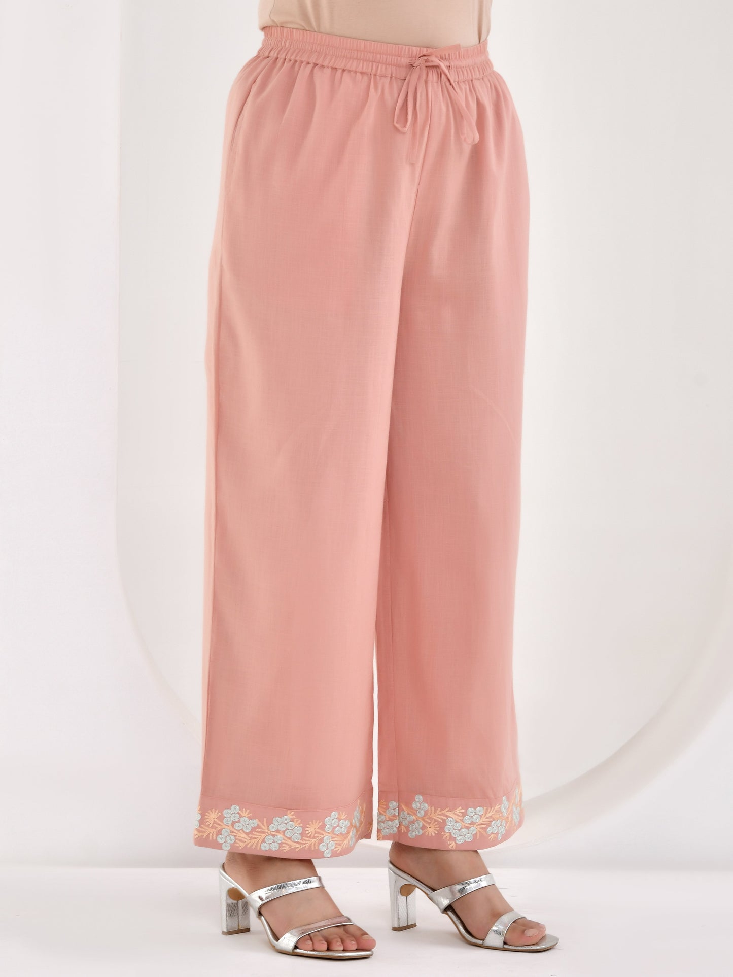 Embroidered Slub cotton Solid Peach Palazzo