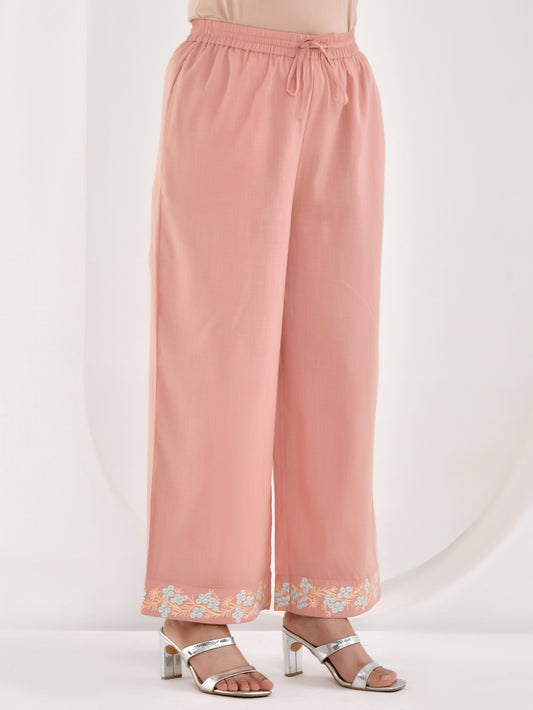 Embroidered Slub cotton Solid Peach Palazzo